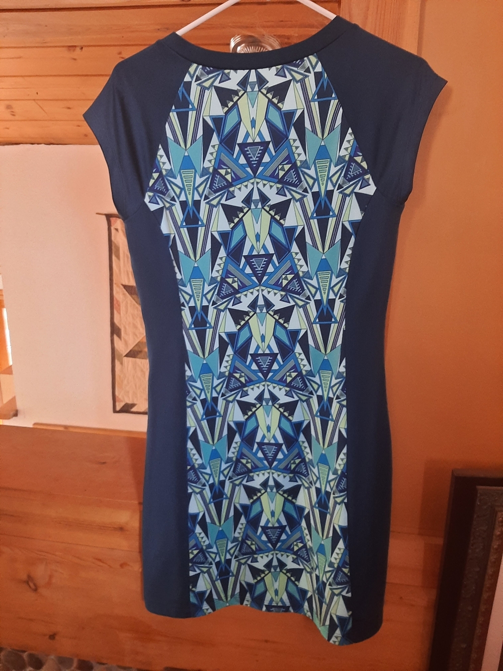 Navy Blue Geometric Print Cap-Sleeve Dress